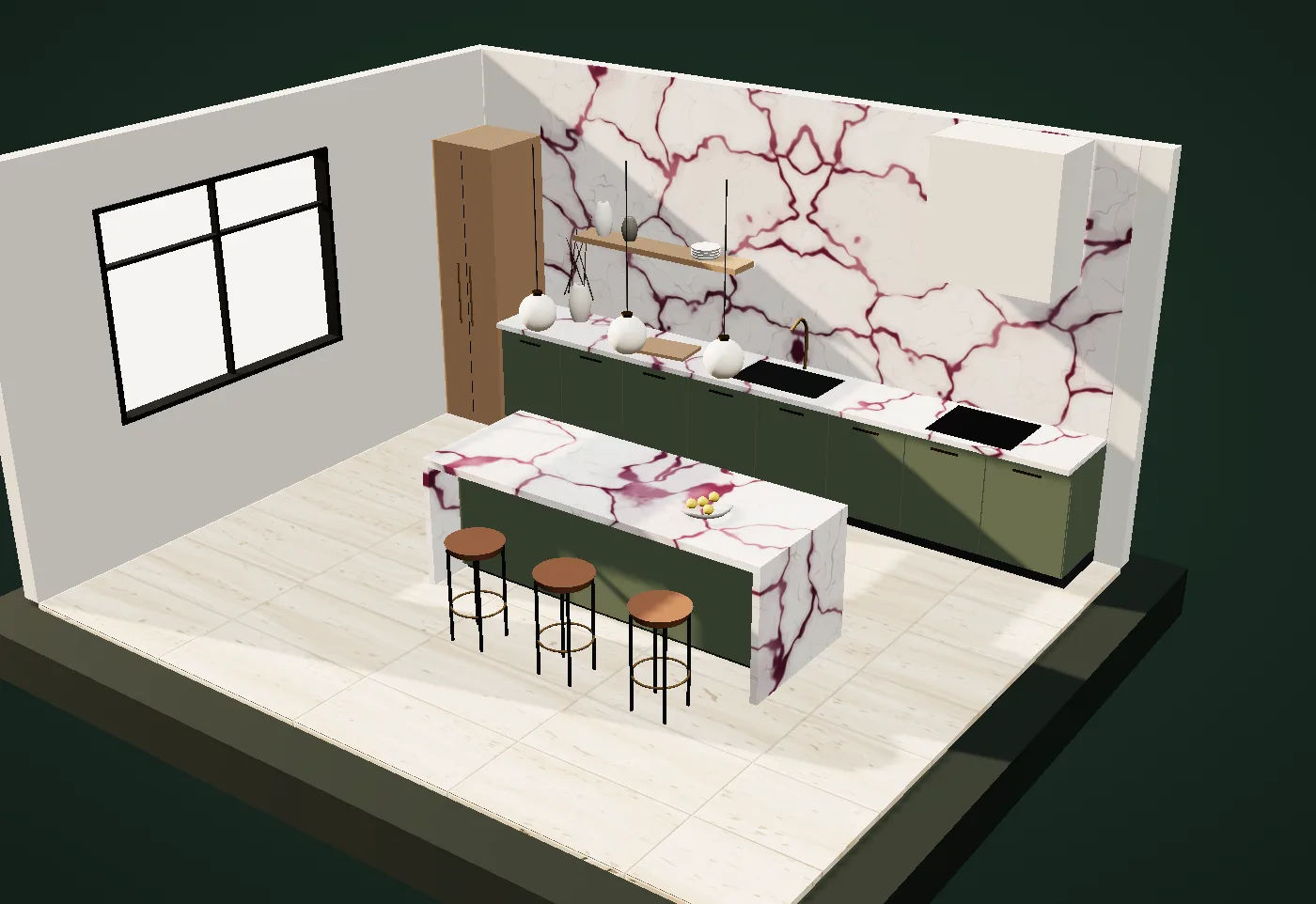 Kitchen with a Calacatta Viola countertop, island and backsplash